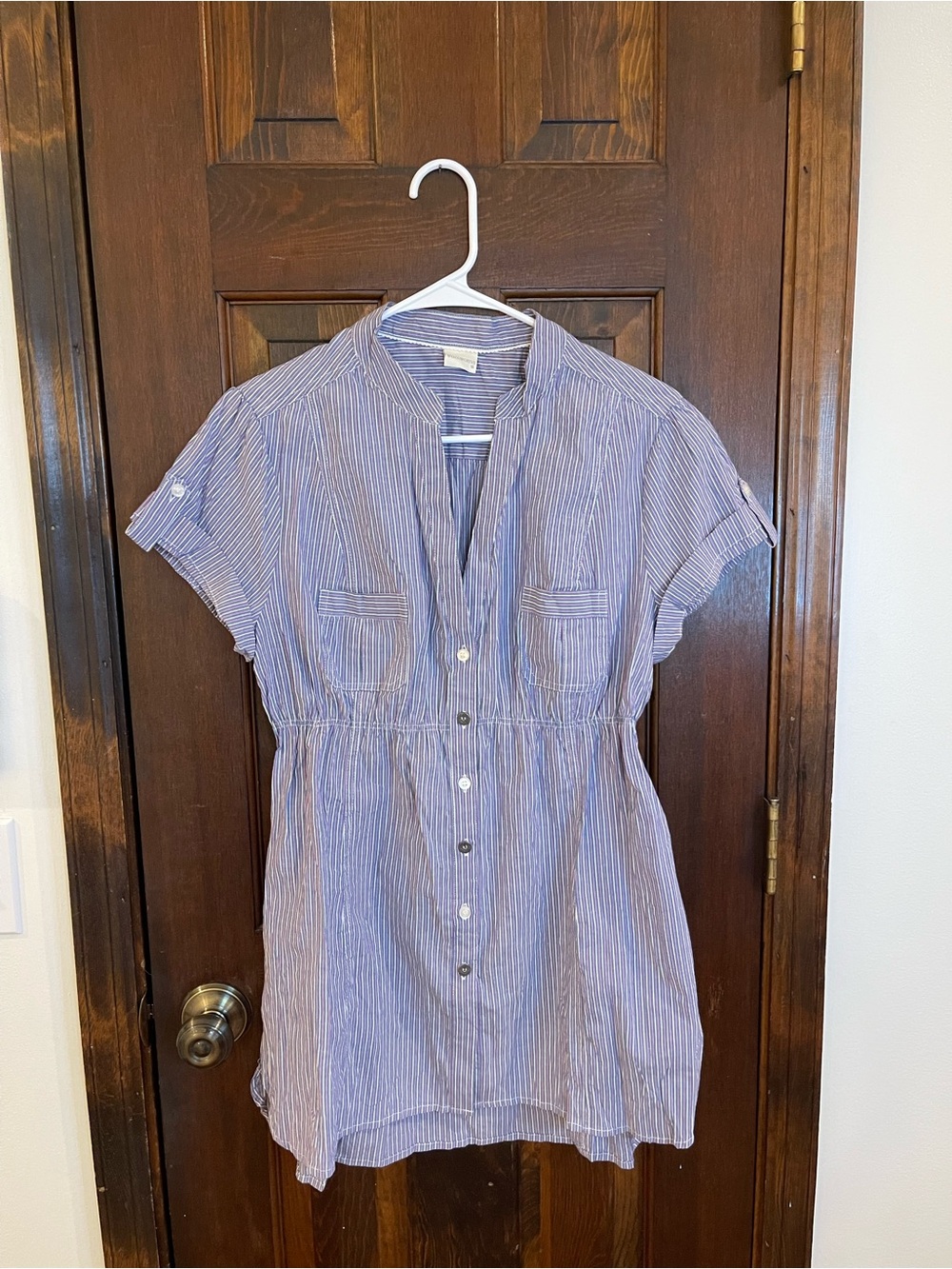 Woolworths Blue, White, & Pink Striped Button Front Tunic Blouse Size 16